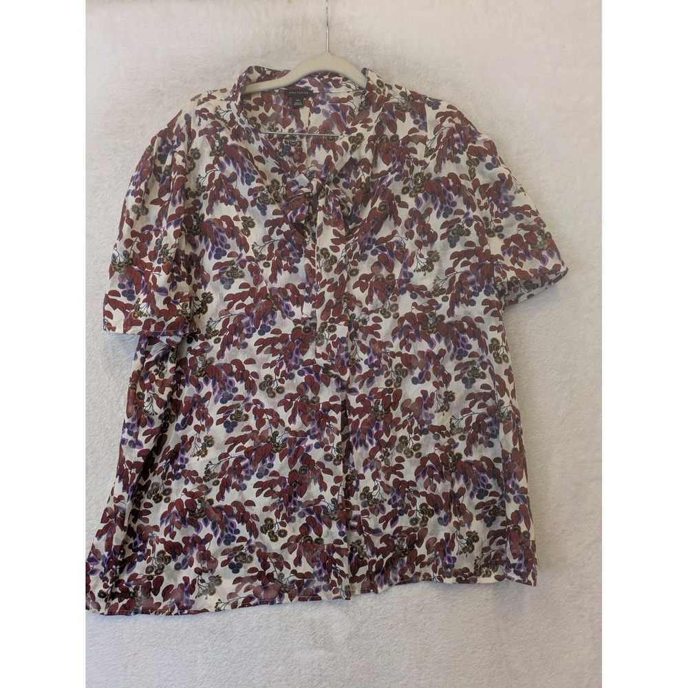 Ann Taylor Blouse Women's XXL White Purple Floral‎ Tie Neck Short Sleeve Chiffon